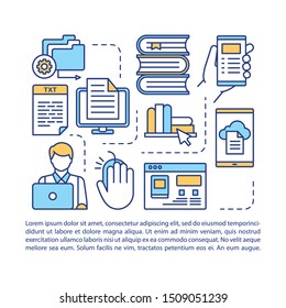 Online library article page vector template. Brochure, magazine, booklet design element with linear icons. E-learning, online education. Print design. Concept illustrations with text