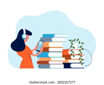 Online library. Audio books, girl in headphones listen book with smartphone. Literature new format, radio podcast vector concept