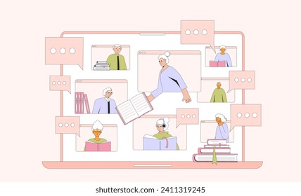 Biblioteca en línea y discusión de libros para adultos mayores. Personas mayores leyendo juntos y a distancia de la comunicación. Comunidad de estilo de vida de jubilación. Ilustración plana vectorial.