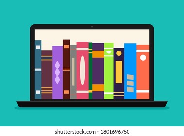 Online library book in laptop. Ebook store on computer. Digital catalog for learn in school. Electronic bookstore of university. Education with help subscription in virtual library. Ebook app. Vector.