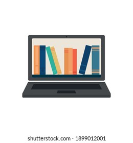 Online library. Books on the laptop screen. Flat vector illustration