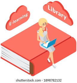 Online library. Books in your laptop. Young girl love to read sitting on big red book and using tablet pc for studying in internet. Online courses and student concept. Distance learning, knowledge