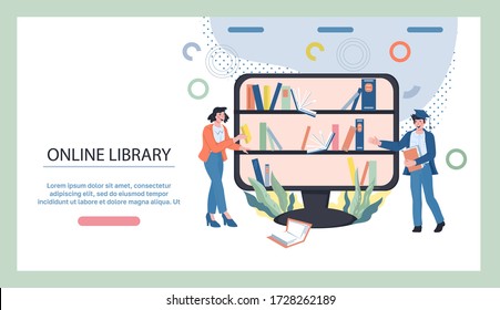 Online library and online bookstore banner with people receiving books from bookshelves. Electronic library and distance learning courses landing page. Flat vector illustration.