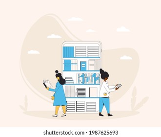 Online library or bookstore. Digital reading app. Electronic books. Knowledge, education, learning with smartphone. Vector illustration.