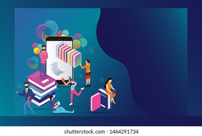 Online library or online bookstore in smart phone and people character on abstract blue background for Education concept based isometric design.