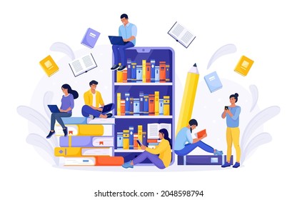 Online library, bookstores, ebook. Internet education. People reads books. Smartphone with reader app for reading and downloading book, audiobooks. Vector illustration