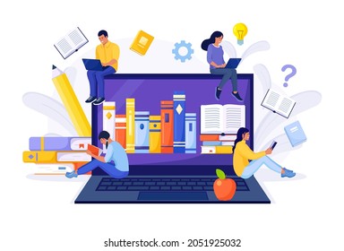 Online library, bookstores, ebook. Internet education. Tiny people reads books on laptop screen. Web page for reading and downloading book, audiobooks. Vector illustration