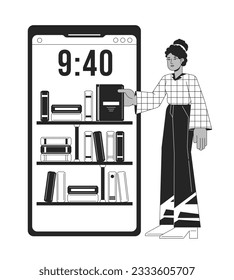 Online library bw concept vector spot illustration. Student takes book from shelf 2D cartoon flat line monochromatic character for web UI designimage