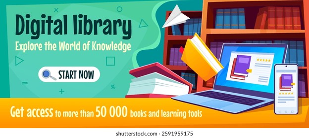 Online library cartoon banner or poster concept with a laptop, a smartphone, and an array of colorful books. Vector illustration design template for online education and digital resources
