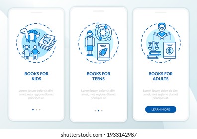 Online library categories onboarding mobile app page screen with concepts. Books for Teens walkthrough 3 steps graphic instructions. UI vector template with RGB color illustrations