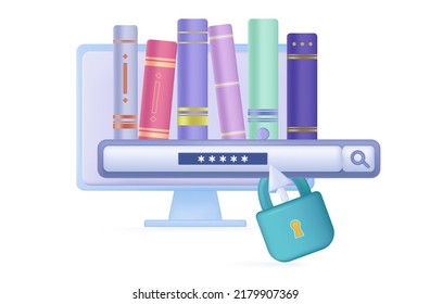 The Online Library Is Closed. Limited Access To Information, Archival Data, Secure Storage. Сlosed. Enter Your Login,  Password Or Username. Vector Banner 3d. Books On A Computer Screen With A Lock. 