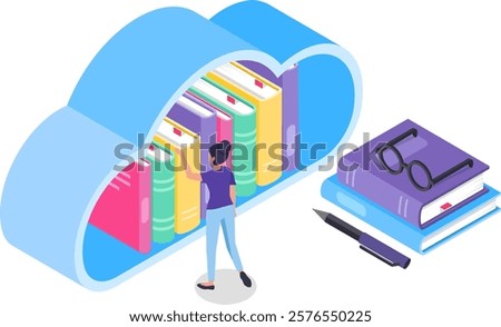 Online library in cloud storage, student choosing book, downloading or studying online, isometric vector illustration concept for education, learning, knowledge and online course