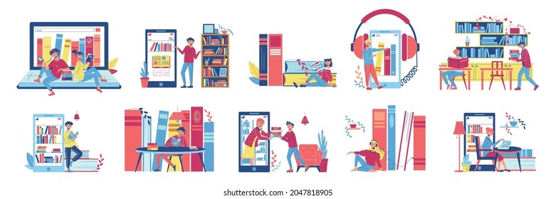 Online library color icon set different formats of reading books on your smartphone in library with audio vector illustration