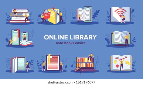 Online library color set with editable text and isolated compositions of people books and electronic devices vector illustration