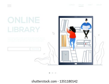 Online library - colorful flat design style web banner on white background with copy space for text. A composition with cute characters, man and woman taking books from bookshelf on smartphone screen