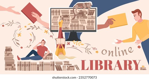 Online library composition with collage of flat icons book rows on computer screen with ornate text vector illustration