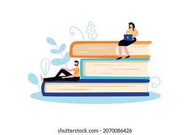 Online library composition with human characters lying on stack of huge books vector illustration