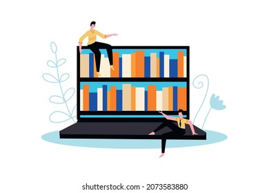 Online library composition with human characters and laptop with bookshelves on screen vector illustration