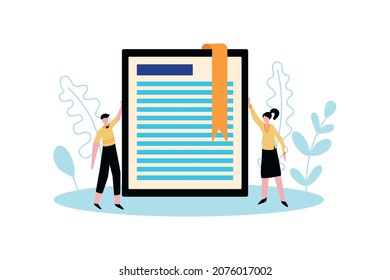 Online library composition with human characters standing next to tablet with bookmark ribbon vector illustration