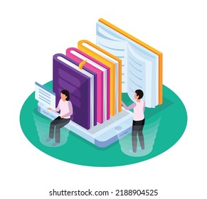 Online Library Composition With Human Characters Reading And Choosing Ebooks 3d Isometric Vector Illustration