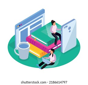 Online Library Composition With People Reading Ebooks On Smartphone And Laptop 3d Isometric Vector Illustration