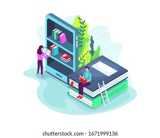 Online library concept in 3d isometric. Isometric online mobile library concept. E-books 3d illustration with small people. Library of encyclopedia or web archive. Vector illustration in flat style