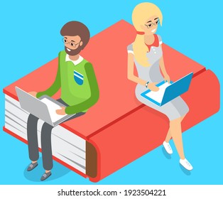 Online library concept. Books in laptop. Young people love to read sitting on large red book and using tablet pc studying in internet. Online courses and student concept. Distance learning knowledge