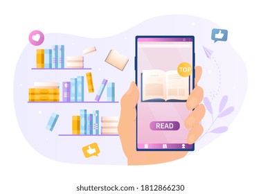 Online library concept with books on shelves and an ebook app on a handheld mobile phone, colored vector illustration