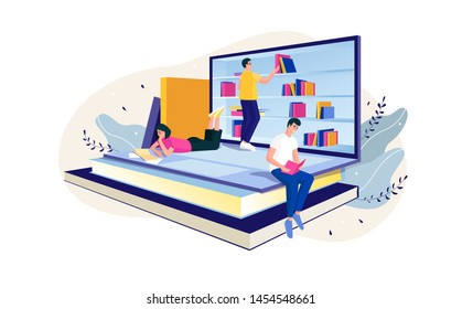 Online library concept. Books in your laptop. People love to read. Can use for web banner, infographics, hero images. Vector isometric 3d illustration