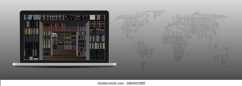 Online library concept. Library bookshelves inside a laptop. Distance learning. Banner with place for text. Vector illustration