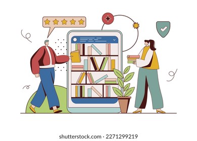 Online library concept with character situation in flat design. Man and woman read e-books and buy books online in bookstores in mobile application. Vector illustration with people scene for web