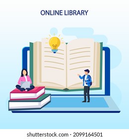 Online library concept, online library for education, online reference concept, book, literature or elearning. Flat vector template Style Suitable for Web Landing Page, Background.