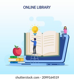 Online library concept, online library for education, online reference concept, book, literature or elearning. Flat vector template Style Suitable for Web Landing Page, Background.