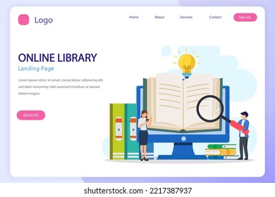 Online library concept, online library for education, online reference concept, book, literature or elearning. Flat vector template