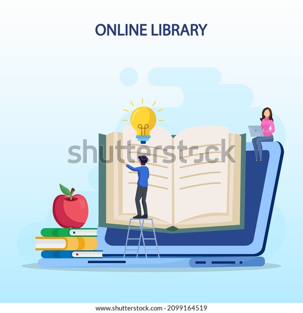 Online library
concept, online library for education, online reference concept,
book, literature or elearning. Flat vector template Style Suitable
for Web Landing Page,
Background.