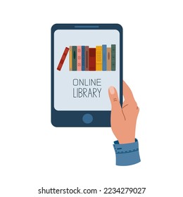 Online library concept. Human hand holds a tablet with pile books on screen. Time to reading concept. Hand drawn vector illustration isolated on white background. Flat cartoon style.