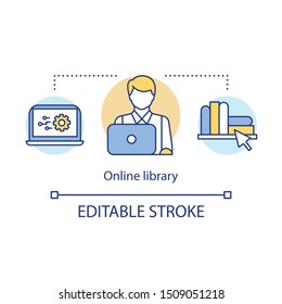 Online library concept icon. Digital bookstore, virtual library idea thin line illustration. Modern book shop, internet web store. Elearning software. Vector isolated outline drawing. Editable stroke