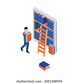 Online library concept with isometric bookcase on tablet screen and man carrying books vector illustration
