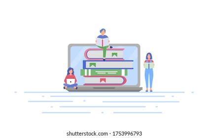 Online library concept with little people reading books. E-learning, online learning at home. The concept of distance education. Vector illustration on a white isolated background.