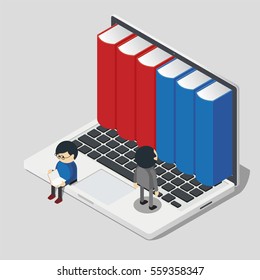 online library concept with little people taking books from laptop

