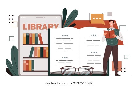 Online library concept. Man with book in hands near bookshelves. Education, learning and traininng. Student with textbook. Love for literature and reading. Cartoon flat vector illustration