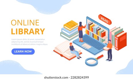 Online library concept. Man and women with books and magnifying glass near laptop. Education, learning and training. Device and gadget. Cartoon isometric vector illustration