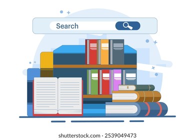 online library concept, Media book library, Female character reading book, Online bookstore, Reader app, Education, Digital bookshelf, Graduate online school. Flat vector illustration.