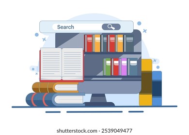 online library concept, Media book library, Female character reading book, Online bookstore, Reader app, Education, Digital bookshelf, Graduate online school. Flat vector illustration.