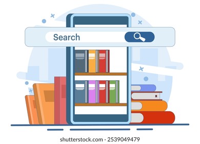 online library concept, Media book library, Female character reading book, Online bookstore, Reader app, Education, Digital bookshelf, Graduate online school. Flat vector illustration.