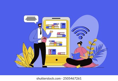 Online library concept with modern flat design for web. Man and woman reading e-books, storing digital books in cloud storage and mobile app, buying textbooks in online bookstore. Vector illustration.