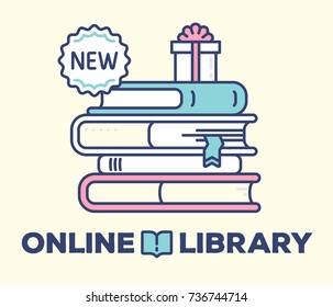 Online library concept on light background with title. Vector illustration of big color stack of books with gift box and label. Thin line art design for web, site, banner, poster