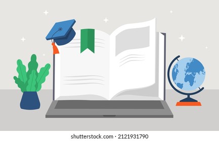 Online library concept. Open book and love of literature. Knowledge and information. Education and selfdevelopment. Stories and poems. Graphic elements for site. Cartoon flat vector illustration