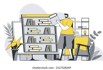 Online library concept with outline people scene. Man reads e-books, stores books in cloud storage or on computer, buys in online bookstore. Vector illustration in flat line design for web template