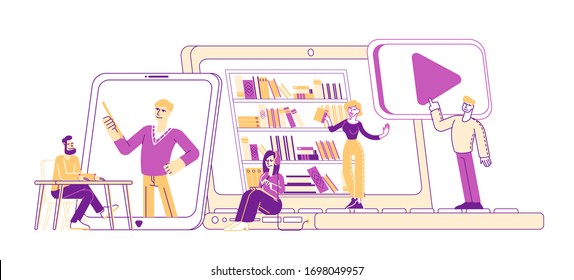 Online Library Concept. People Reading E-books and Study at School Using E-library. Tiny Characters at Huge Laptop Screen with Bookshelves with Media Books Internet Archive. Linear Vector Illustration